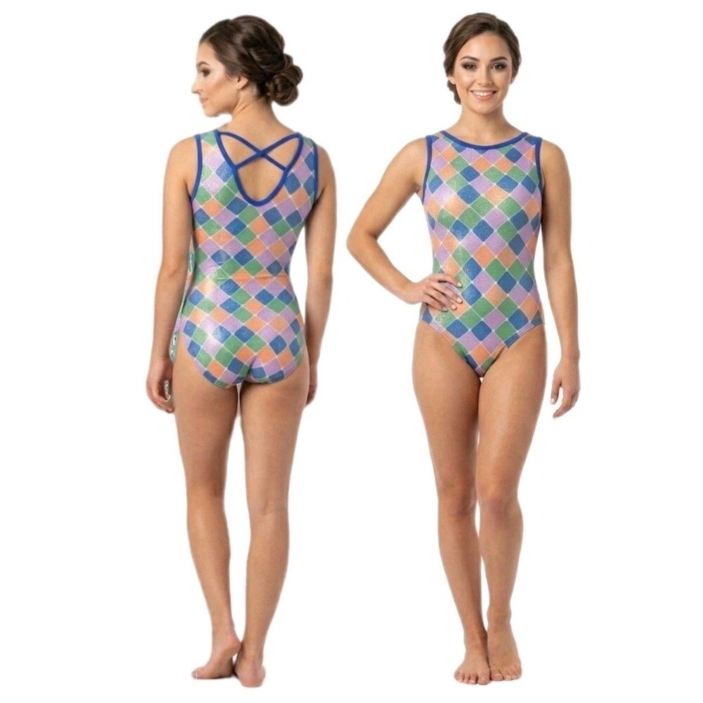 GK Elite VTG Pastel Diamond Checkered Glitter Tank Leotard Crossback Logo Sz AL